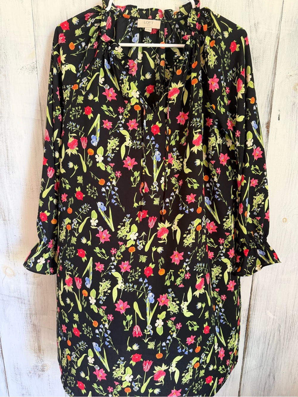 LOFT Black Floral Long Sleeve Shift Dress with Pink & Lime Accents